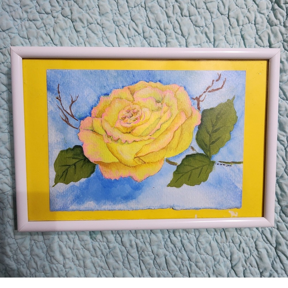 C.A. Wilson Original Watercolor Yellow Rose Floral Painting Framed 6x9